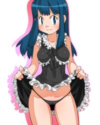 Rule 34 | 1girl, artist request, black dress, black panties, blue eyes, blue hair, blush, breasts, clothes lift, collarbone, creatures (company), dawn (pokemon), dress, dress lift, embarrassed, game freak, hair ornament, long hair, looking at viewer, maid, medium breasts, nintendo, panties, pokemon, pokemon dppt, skirt, skirt lift, sleeveless, sleeveless dress, standing, underwear, white background