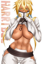 Rule 34 | 1girl, abs, bleach, blonde hair, blush, breast suppress, breasts, breasts squeezed together, character name, cowboy shot, dark-skinned female, dark skin, female focus, green eyes, hair between eyes, half mask, hands up, highres, large breasts, legs, long hair, looking at viewer, mask, navel, nipple slip, nipples, sakuradou, shrug (clothing), simple background, solo, standing, tattoo, thighs, tier harribel, toned, twintails, white background
