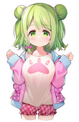 Rule 34 | 1girl, alternate breast size, blush, bow, braid, breasts, closed mouth, collarbone, commentary request, cropped legs, double bun, green eyes, green hair, hair bow, hair bun, hands up, highres, hood, hood down, hooded jacket, jacket, long sleeves, looking at viewer, medium breasts, meito (maze), morinaka kazaki, nijisanji, open clothes, open jacket, pink bow, pink jacket, plaid, plaid shorts, red shorts, shirt, short shorts, shorts, simple background, sleeves past wrists, smile, solo, virtual youtuber, white background, white shirt