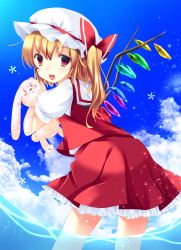 Rule 34 | 1girl, ajiriko, bad id, bad pixiv id, bent over, blonde hair, blue sky, bow, cloud, day, flandre scarlet, hat, hat bow, highres, looking at viewer, looking back, mob cap, open mouth, red eyes, shirt, side ponytail, skirt, skirt set, sky, smile, solo, stuffed animal, stuffed rabbit, stuffed toy, touhou, vest, water, wings