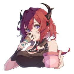 Rule 34 | 1girl, arknights, arm guards, arms up, black dress, breasts, cleavage, commentary, cropped torso, demon girl, demon horns, detached collar, dress, eating, food, food on face, highres, holding, holding food, holding ice cream, horns, iasimo, ice cream, ice cream tub, large breasts, looking at viewer, purple eyes, sidelocks, sketch, sleeveless, sleeveless dress, slit pupils, solo, surtr (arknights)