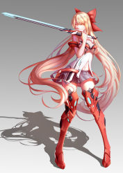 Rule 34 | 1girl, @ @, absurdres, armor, armored boots, bare shoulders, belt, blonde hair, boots, bow, copyright request, detached sleeves, earrings, full body, gradient background, gradient eyes, grey background, grey skirt, hair bow, highres, holding, holding sword, holding weapon, jewelry, legs apart, long hair, miniskirt, multicolored eyes, navel, ninsaki (9saki), pleated skirt, pointy ears, red bow, red footwear, red thighhighs, shadow, skirt, solo, standing, stomach, swept bangs, sword, thigh boots, thighhighs, very long hair, weapon, yellow eyes