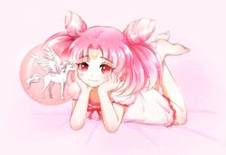 Rule 34 | 1girl, barefoot, bishoujo senshi sailor moon, bubble, chibi usa, cone hair bun, crescent, crescent facial mark, double bun, dress, facial mark, forehead mark, full body, hair bun, head rest, horns, latealatea, legs up, lying, nightgown, on stomach, pegasus, pegasus (sailor moon), pink dress, pink eyes, pink hair, single horn, small lady serenity, smile, soles, the pose, toes, twintails