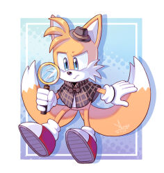 Rule 34 | 1boy, angiethecat, blue eyes, capelet, detective, fedora, fox boy, frown, furry, furry male, gloves, hat, highres, holding, holding magnifying glass, magnifying glass, mini hat, multiple tails, orange fur, red footwear, sonic (series), tail, tails (sonic), the murder of sonic the hedgehog, two-tone fur, two tails, white fur