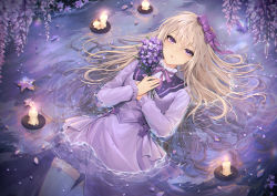 Rule 34 | 1girl, absurdres, bow, candle, dress, flower, garter straps, hair between eyes, hair bow, hair ribbon, highres, light brown hair, long hair, long sleeves, looking at viewer, lying, lying on water, neck ribbon, original, parted lips, petals, purple bow, purple dress, purple eyes, purple flower, purple ribbon, raku (clearpage), ribbon, solo, thighhighs, water, white thighhighs