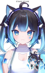 Rule 34 | 1girl, :3, ahoge, ainy, animal ears, armband, bare shoulders, black hair, blue eyes, blue hair, blunt bangs, breasts, cat ears, cat girl, character name, chibi, chibi inset, cleavage, cleavage cutout, closed mouth, clothing cutout, cyan nyan, dot nose, double-parted bangs, facial mark, fang, headphones, highres, implied extra ears, indie virtual youtuber, looking at viewer, medium breasts, multicolored hair, number in eye, official art, shirt, short hair, sidelocks, simple background, skin fang, sleeveless, sleeveless shirt, smile, star (symbol), straight-on, streaked hair, symbol-shaped pupils, turtleneck, two side up, upper body, virtual youtuber, white background, white shirt