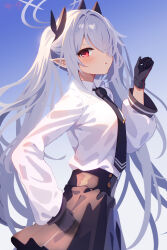 Rule 34 | 1girl, absurdres, black dress, black gloves, black necktie, black ribbon, blue archive, buttons, collared shirt, daapie, dark-skinned female, dark skin, dress, gloves, gradient background, grey hair, hair over one eye, hair ribbon, halo, hand on own hip, highres, iori (blue archive), long hair, long sleeves, looking at viewer, necktie, open mouth, pointy ears, red eyes, ribbon, shirt, shirt tucked in, signature, solo, tie clip, twintails, very long hair, white halo, white shirt