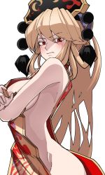 Rule 34 | 1girl, annoyed, bare shoulders, blonde hair, blush, breasts, chinese clothes, closed mouth, colored eyelashes, covering privates, covering breasts, feet out of frame, fox print, from side, gold trim, groin, highres, junko (touhou), kikoka (mizuumi), lips, naked tabard, phoenix crown, pom pom (clothes), red eyes, sideboob, sidelocks, simple background, solo, standing, tabard, tassel, thighs, touhou, white background