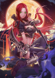 Rule 34 | 1girl, armor, black thighhighs, bracelet, breastplate, breasts, cleavage, dual wielding, full moon, green eyes, holding, jewelry, katarina (league of legends), knife, large breasts, league of legends, long hair, meteor shower, midriff, moon, navel, red hair, san yu pian, shorts, solo, spiked bracelet, spikes, thighhighs, yellow moon