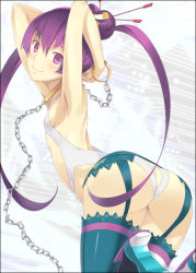 Rule 34 | 1girl, ar tonelico, ar tonelico iii, armpits, arms up, ass, chain, finnel (ar tonelico), flat chest, gust, leaning forward, long hair, mizuki makoto, purple eyes, purple hair, smile, solo, thighhighs, twintails