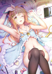 Rule 34 | 1boy, ahoge, androgynous, animal ear fluff, animal ears, armpits, arms up, ass, bangle, bare shoulders, black thighhighs, blonde hair, blush, bow, bracelet, brown hair, cat ears, cellphone, cellphone strap, collarbone, commentary request, convenient leg, cosmetics, cowboy shot, crescent, crossed bangs, earphones, earphones removed, fingernails, groin, hair ornament, hairclip, hand mirror, heart, heart necklace, heart print, highres, jewelry, knees up, light particles, light rays, lingerie, lipstick tube, long fingernails, long hair, looking at viewer, lying, makeup brush, male focus, mirror, morning, multicolored hair, nail polish bottle, natsusora wakana, navel, necklace, no panties, novady, on back, on bed, one eye closed, open mouth, original, paw print, phone, pillow, polka dot, polka dot bow, sexually suggestive, shiny skin, sidelocks, smartphone, solo, star (symbol), star hair ornament, star print, streaked hair, sunbeam, sunlight, thighhighs, trap, underwear, upper body, yellow eyes