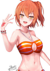 Rule 34 | 1girl, :d, absurdres, ahoge, bare arms, bare shoulders, bead bracelet, beads, bikini, blush, bracelet, breasts, cleavage, cleavage cutout, clothing cutout, collarbone, fate/grand order, fate (series), fujimaru ritsuka (female), fujimaru ritsuka (female) (brilliant summer), groin, hair between eyes, hair ornament, hair scrunchie, halterneck, hand up, head tilt, highres, jewelry, large breasts, looking at viewer, navel, official alternate costume, open mouth, orange bikini, orange eyes, orange hair, orange scrunchie, sato art, scrunchie, short hair, side-tie bikini bottom, side ponytail, signature, simple background, smile, solo, stomach, striped bikini, striped clothes, swimsuit, tattoo, teeth, twitter username, upper body, upper teeth only, white background