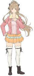 Rule 34 | 1girl, ahoge, amagi brilliant park, ankle boots, black ribbon, blush, boots, brown eyes, brown footwear, cross-laced footwear, full body, hair ribbon, hand on own hip, hand on own chest, iwauchi tomoki, jacket, lace-up boots, light blush, light brown hair, long hair, long sleeves, looking at viewer, open clothes, open jacket, parted lips, pink jacket, pink shirt, pleated skirt, ribbon, sento isuzu, shirt, skirt, solo, standing, thighhighs, white thighhighs, yellow skirt, zettai ryouiki