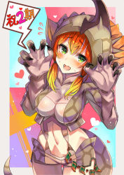 Rule 34 | 1girl, aguila, bad id, bad pixiv id, blush, breasts, cleavage, green eyes, large breasts, long hair, looking at viewer, moze, navel, open mouth, red hair, smile, snake tail, solo, speech bubble, tail, translation request, ultra kaijuu gijinka keikaku, ultra series
