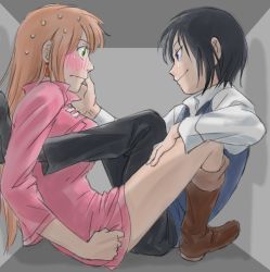 Rule 34 | 10s, 1boy, 1girl, age difference, bare legs, black hair, blue eyes, blush, boots, box, breasts, child, earrings, eye contact, from side, green eyes, hand on another&#039;s head, hand on another&#039;s thigh, height difference, hetero, large breasts, livius orvinus ifriqiyah, long hair, looking at another, maido 1-go, nike remercier, orange hair, profile, sitting, smile, soredemo sekai wa utsukushii, sweatdrop, teenage girl and younger boy, vest