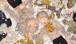 Rule 34 | 2boys, aged down, artist name, bow, brothers, claude desaulniers, closed eyes, coat, unworn coat, commentary, copyright name, english commentary, flower, frilled sleeves, frills, hair bow, hand on own chest, identity v, joseph desaulniers, logo, long hair, long sleeves, male focus, mcmclunar (kaz), multiple boys, on floor, petals, picture frame, ribbon, rose, rose petals, rotational symmetry, shirt, siblings, watermark, white flower, white hair, white rose, white shirt, yellow bow, yellow ribbon