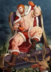 Rule 34 | 1boy, abs, alternate costume, antlers, bara, beard, belt, body hair, boots, cape, commission, facial hair, fate/grand order, fate/zero, fate (series), highres, horns, iskandar (fate), large pectorals, leather, looking at viewer, male focus, manly, muscular, nipples, pectorals, red hair, santa costume, saolin (wudangx), second-party source, shorts, smile, solo, thighs