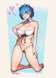 Rule 34 | 1girl, absurdres, bare legs, bare shoulders, blue eyes, blue hair, bow, bra, breasts, cleavage, collarbone, covered erect nipples, dithered background, eyes visible through hair, full body, gluteal fold, grin, hair ornament, hair over one eye, hair ribbon, hand on own hip, heart, heart-shaped pupils, highres, kneeling, large breasts, maid headdress, navel, panties, pink ribbon, re:zero kara hajimeru isekai seikatsu, rem (re:zero), ribbon, short hair, smile, solo, symbol-shaped pupils, thong, topsu, underwear, white bra, white panties, x hair ornament