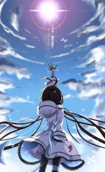 Rule 34 | 1girl, absurdres, antenna hair, antennae, arm up, bad id, bad pixiv id, black hair, black pantyhose, blue bow, blue sky, blurry, bow, bridal garter, cloud, cloudy sky, commentary request, day, from behind, highres, hood, hood down, lens flare, long hair, long sleeves, original, outstretched hand, pantyhose, sky, solo, standing, sun, sunlight, translated, twintails, very long hair, wide sleeves, yb mushi