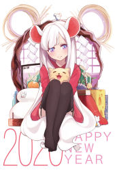 Rule 34 | 1girl, 2020, animal, animal ears, animal hug, animal on head, animal on lap, bamboo, black thighhighs, cat, cat on lap, cheese, closed mouth, commentary request, food, fruit, happy new year, highres, holding, hukahito, knees up, long hair, long sleeves, looking at viewer, mandarin orange, mouse (animal), mouse ears, new year, no shoes, on head, on lap, original, pillow, pink eyes, red sweater, sitting, smile, solo, stuffed animal, stuffed mouse, stuffed toy, sweater, thighhighs, very long hair, white hair