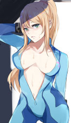 Rule 34 | 1girl, blonde hair, bodysuit, breasts, center opening, commentary, gloves, highres, large breasts, long hair, looking at viewer, metroid, mole, mole under mouth, nintendo, open mouth, ponytail, samus aran, skin tight, solo, tomas (kaosu22), unzipped, zero suit