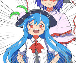 Rule 34 | 2girls, antinomy of common flowers, black hat, blue hair, blush, capelet, commentary, dot nose, food, frills, fruit, hands on own hips, hat, height difference, hinanawi tenshi, kapiten70, long hair, looking at viewer, multiple girls, nagae iku, open mouth, peach, purple hair, red eyes, shaded face, shawl, short hair, sweat, touhou, very long hair