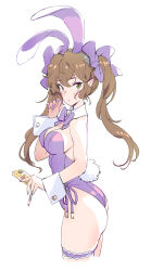 Rule 34 | 1girl, animal ears, ass, bow, bowtie, brown eyes, brown hair, cellphone, cowboy shot, detached collar, hair ribbon, highres, himekaidou hatate, leotard, long hair, looking at viewer, matsuda (matsukichi), nail polish, pencil, phone, playboy bunny, pointy ears, purple bow, purple bowtie, purple leotard, purple nails, purple ribbon, rabbit ears, rabbit tail, ribbon, side-tie leotard, simple background, solo, strapless, strapless leotard, tail, touhou, twintails, white background, wrist cuffs