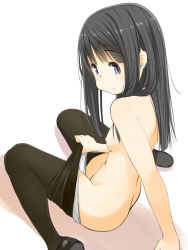 Rule 34 | 1girl, arm support, black eyes, black hair, black pantyhose, breasts, butt crack, clothes pull, groin, highres, loafers, long hair, looking at viewer, nipples, original, panties, panty pull, pantyhose, pantyhose pull, raised eyebrows, retsumaru, school uniform, shoes, simple background, sitting, small breasts, solo, topless, underwear, wariza, white background, white panties