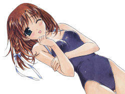 Rule 34 | 1girl, ;p, bare shoulders, blush, bow, brown hair, competition swimsuit, green eyes, hair bow, hasumi elan, looking at viewer, lying, on back, one-piece swimsuit, one eye closed, original, school swimsuit, simple background, solo, swimsuit, tongue, tongue out, white background, wink