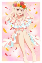 Rule 34 | 1girl, barefoot, blonde hair, blush, border, collarbone, dars (recolors), dress, falling petals, feet, hands up, head wreath, highres, invisible chair, long hair, looking at viewer, lycoris recoil, nishikigi chisato, open mouth, outside border, petals, pink dress, pleated dress, sitting, smile, solo, thighs, white border, yellow eyes