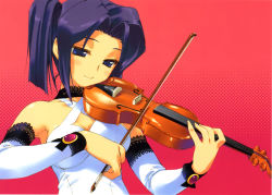 Rule 34 | 1girl, absurdres, amazuyu tatsuki, bow (music), detached sleeves, highres, instrument, original, ponytail, purple eyes, purple hair, smile, solo, violin
