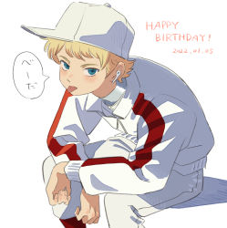Rule 34 | 1boy, ace of diamond, airpods, baseball cap, blonde hair, blue eyes, dangomochi2, dated, happy birthday, hat, highres, jacket, long sleeves, male focus, narumiya mei, pants, short hair, simple background, sitting, solo, speech bubble, tongue, tongue out, white background, white hat, white jacket, white pants, wireless earphones