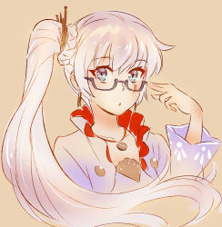 Rule 34 | 1girl, blue eyes, earrings, glasses, hair ornament, highres, iesupa, jewelry, necklace, ponytail, rwby, scar, scar across eye, scar on face, solo, weiss schnee, white hair