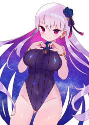 Rule 34 | 1girl, breasts, covered navel, earrings, fate/grand order, fate (series), flower, grey hair, hair flower, hair ornament, highleg, highleg swimsuit, highres, jewelry, kama (fate), kama (swimsuit avenger) (fate), kama (swimsuit avenger) (third ascension) (fate), large breasts, long hair, nail polish, one-piece swimsuit, purple eyes, purple flower, purple one-piece swimsuit, purple rose, rose, solo, star (symbol), star earrings, swimsuit, very long hair, zenshin