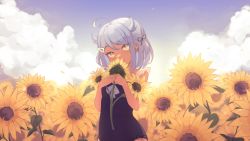 Rule 34 | 1girl, absurdres, ahoge, bare arms, black leotard, blue nails, blush, closed mouth, commentary, dark-skinned female, dark skin, day, english commentary, field, fingernails, flower, flower field, freckles, hair flaps, hair ornament, hair ribbon, hairclip, hands up, head tilt, highres, holding, holding flower, indie virtual youtuber, klaius, leotard, looking at viewer, medium hair, munibug, nail polish, outdoors, ribbon, smile, solo, standing, sunflower, sunflower field, virtual youtuber, yellow eyes