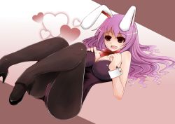 Rule 34 | 1girl, animal ears, arano oki, ass, bare shoulders, black pantyhose, bow, bowtie, breasts, cleavage, detached collar, female focus, heart, high heels, large breasts, leotard, lying, on back, open mouth, pantyhose, playboy bunny, purple hair, rabbit ears, red eyes, reisen udongein inaba, shoes, smile, solo, touhou, wrist cuffs