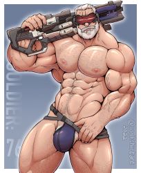 Rule 34 | 1boy, armpit hair, armpits, artist name, bara, beard, biceps, bulge, chest hair, facial hair, feet out of frame, gun, hairy, highres, holding, holding gun, holding weapon, large pectorals, male focus, male underwear, manly, mature male, muscular, muscular male, navel, navel hair, nipples, no pants, over shoulder, overwatch, overwatch 2, pectorals, short hair, simple background, soldier: 76 (overwatch), solo, spiked hair, thick arms, thick thighs, thighs, topless male, twitter username, underwear, veins, veiny arms, weapon, weapon over shoulder, white hair, wolfshirtart
