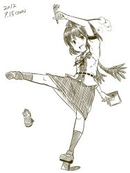 Rule 34 | 1girl, :d, book, dated, feathered wings, female focus, geta, hat, holding, holding book, kawashina (momen silicon), kicking, leaf print, looking at viewer, monochrome, neck ribbon, notebook, open book, open mouth, pen, pom pom (clothes), ribbon, shameimaru aya, shoe loss, shoes, unworn shoes, short hair, single shoe, sketch, skirt, smile, solo, tengu-geta, tokin hat, touhou, white background, wings