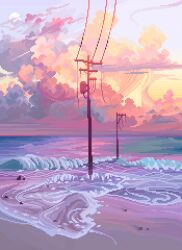 Rule 34 | beach, cloud, cloudy sky, commentary, english commentary, full moon, horizon, jubilee (8pxl), moon, no humans, ocean, original, outdoors, pixel art, power lines, rock, sand, scenery, sky, sunset, transformer, utility pole, water, waves