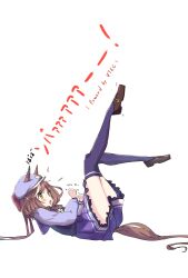 Rule 34 | 1girl, absurdres, animal ears, blush, brown eyes, brown hair, chocomoch, clenched hands, full body, hat, highres, horse ears, horse girl, horse tail, legs up, looking to the side, matikane tannhauser (umamusume), open mouth, school uniform, shoes, simple background, solo, tail, thighhighs, tracen school uniform, umamusume, white background