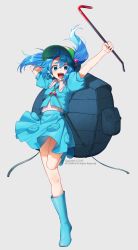 Rule 34 | 1girl, absurdres, backpack, bad id, bad pixiv id, bag, black bag, blouse, blue eyes, blue footwear, blue hair, blue shirt, blue skirt, boots, commentary, copyright name, crowbar, green hat, grey background, hair bobbles, hair ornament, hat, highres, holding, holding crowbar, kawashiro nitori, mikan (migwang), open mouth, puffy short sleeves, puffy sleeves, rubber boots, shirt, short hair, short sleeves, simple background, skirt, smile, solo, teeth, thighs, touhou, two side up, upper teeth only, white shirt