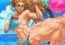 Rule 34 | abs, beach, blue eyes, breasts, brown hair, captain mizuki, daraz, earrings, highres, jewelry, muscular, muscular female, muscular male, official alternate costume, one-punch man, palm tree, side ponytail, solo, tan, tanline, thick thighs, thighs, tree