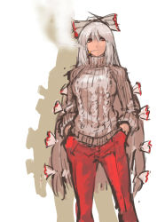 Rule 34 | 1girl, aran sweater, bow, breasts, cable knit, casual, cigarette, fujiwara no mokou, hair bow, hands in pockets, highres, large breasts, long hair, nameo (judgemasterkou), pants, red eyes, silver hair, smoking, solo, sweater, touhou, turtleneck