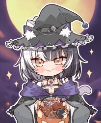 Rule 34 | 1girl, animal ear fluff, black choker, black dress, black hair, bucket, cape, cat tail, chest belt, choker, dress, full moon, halloween, halloween bucket, halloween costume, hat, highres, holding, holding bucket, hololive, hololive english, kukie-nyan, lace-trimmed choker, lace trim, long hair, looking at viewer, moon, multicolored hair, purple cape, shiori novella, smile, solo, split-color hair, tail, virtual youtuber, white hair, witch hat, yellow eyes