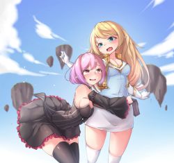 Rule 34 | 2girls, bare shoulders, black dress, black legwear, blonde hair, blue eyes, blue sky, blush, breasts, buckle, cleavage, cloud, collarbone, detached sleeves, donedone, dress, eyebrows, fang, fang out, frilled dress, frilled sleeves, frills, gloves, hug, legs apart, legs together, long hair, lucid (maplestory), maplestory, medium breasts, mercedes (maplestory), multiple girls, open mouth, outdoors, pink hair, pointy ears, red eyes, short hair, skindentation, skirt, sky, sleeveless, sleeveless dress, thighhighs, thighs, white gloves, white legwear, white skirt, yuri