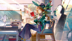 Rule 34 | 1girl, :3, :d, black skirt, book, bookshelf, brown hair, chair, collared shirt, cup, desk, eyewear strap, feathers, flower, full-length mirror, glasses, gloves, green hat, green jacket, hat, hat feather, hat flower, hat ornament, highres, holding, holding book, holding cup, indoors, jacket, kakania (reverse:1999), lapels, light, light rays, long hair, long sleeves, low ponytail, mirror, neck ribbon, notched lapels, on chair, open book, open mouth, parted bangs, ponytail, puffy long sleeves, puffy sleeves, red ribbon, reflection, reverse:1999, ribbon, rose, round eyewear, samo (shichun samo), semi-rimless eyewear, shelf, shirt, sitting, skirt, smile, solo, solo focus, sparkle, sunlight, teacup, tongue, vest, waistcoat, white gloves, white shirt, yellow flower, yellow rose