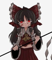 Rule 34 | 1girl, blood, blood on face, bow, brown hair, closed mouth, hair bow, hakurei reimu, highres, looking at viewer, nontraditional miko, red eyes, simple background, solo, touhou, upper body, white background, zunusama