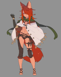 Rule 34 | 1girl, animal ears, belt, black panties, cape, closed mouth, contrapposto, criss-cross halter, enkyo yuuichirou, fox ears, fox tail, full body, green scarf, grey background, hair over one eye, halterneck, hand up, highres, knee pads, looking at viewer, navel, one eye covered, original, panties, red hair, sandals, scarf, simple background, solo, standing, tail, underwear, white cape