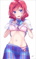 Rule 34 | 10s, 1girl, blush, bra, breasts, chocore, clothes lift, embarrassed, frilled panties, frills, highres, looking at viewer, love live!, love live! school idol project, midriff, navel, nishikino maki, open mouth, panties, pink bra, pink panties, plaid, plaid skirt, purple eyes, red hair, school uniform, shirt lift, short hair, simple background, skirt, solo, sweatdrop, underwear, undressing, white background