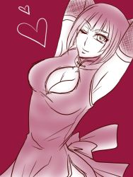 Rule 34 | 1girl, ;), anna williams, breasts, china dress, chinese clothes, cleavage, cleavage cutout, clothing cutout, detached sleeves, dress, fishnets, heart, housen natsuki, large breasts, monochrome, one eye closed, ootori sen na gatsu, short hair, side slit, smile, solo, tekken, wink